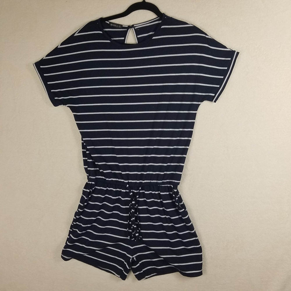 MIHOLL Striped‎ Romper Womens Large Navy Blue Excellent Short Sleeve Drawstring